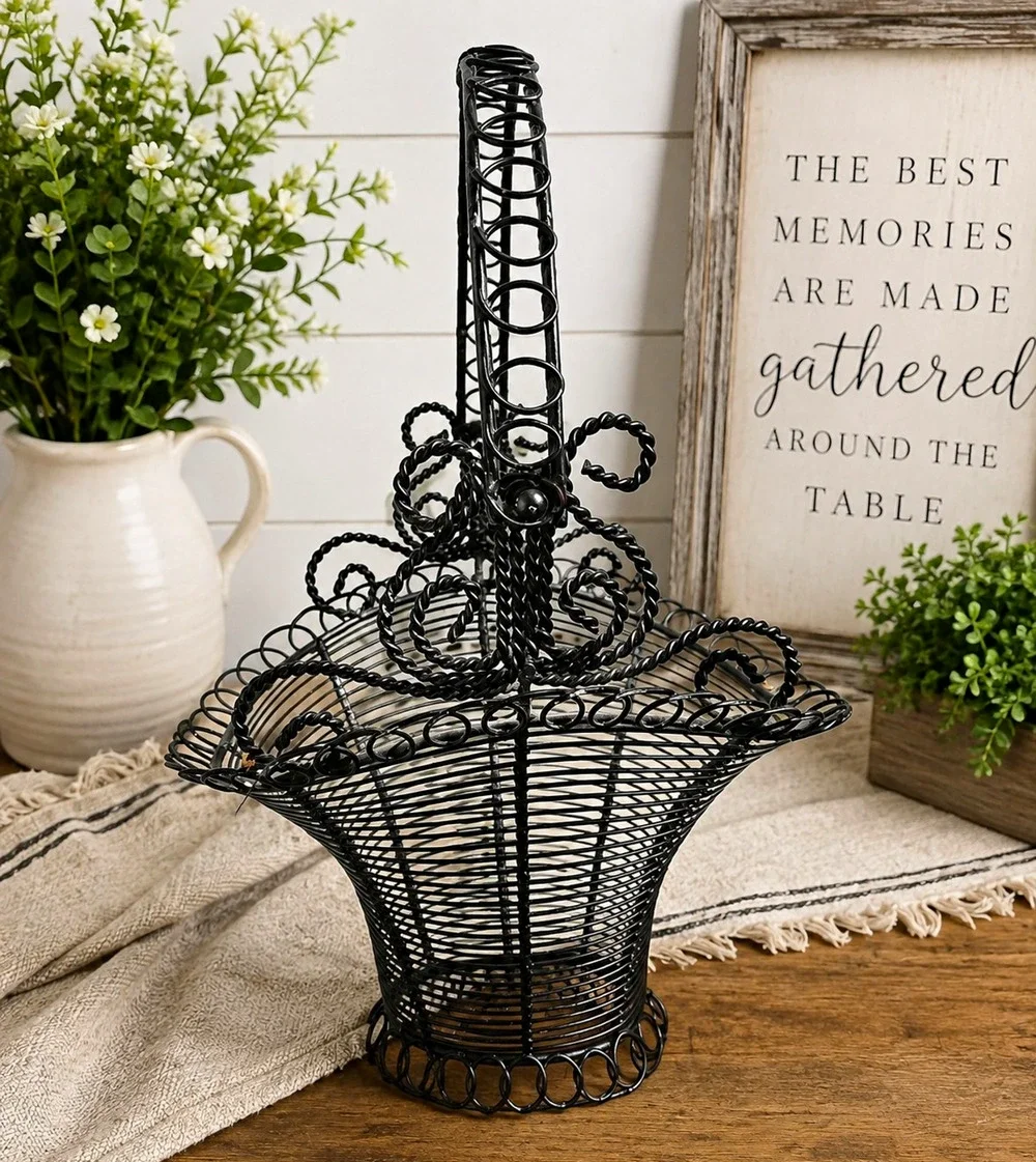 Vintage Black Wire Metal Basket Ornate Scrollwork Handle Farmhouse Decor